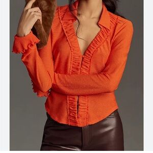 Anthropology VGUC long sleeved with ruffle, textured button down top